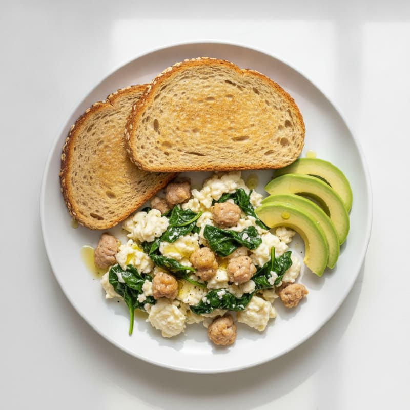 Egg White Spinach Scramble with Turkey Sausage