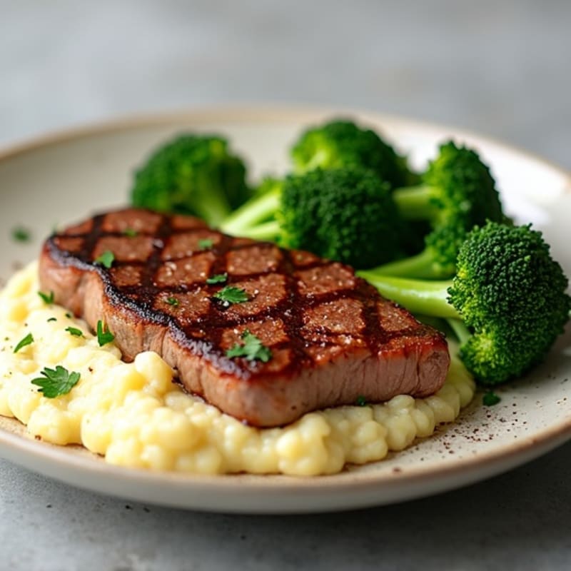 Seared Lean Steak with Steamed Broccoli and Cauliflower Mash