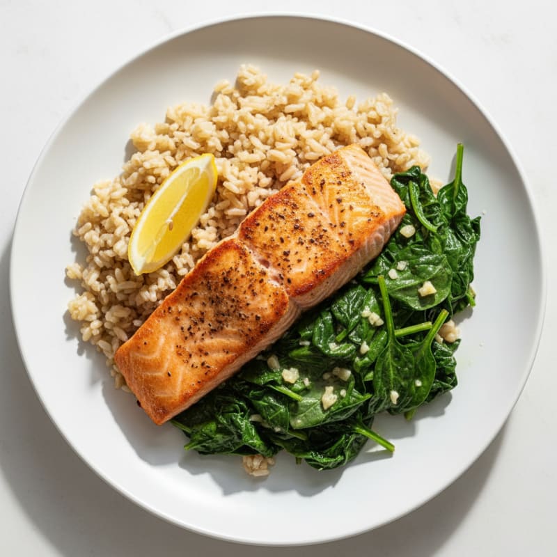 Seared Salmon with Garlic Spinach and Brown Rice