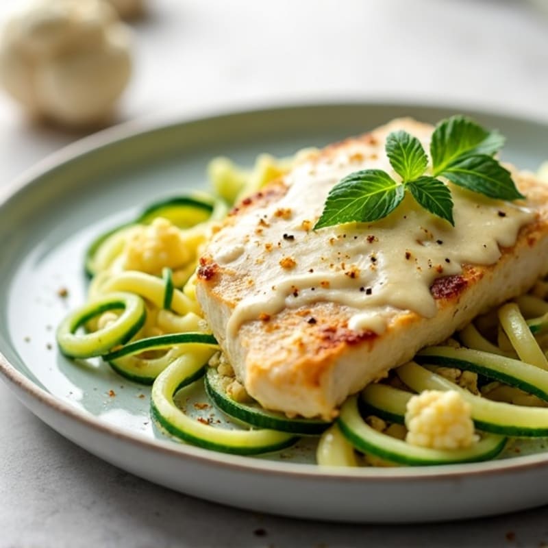 Creamy Cauliflower Alfredo Chicken with Zucchini Noodles