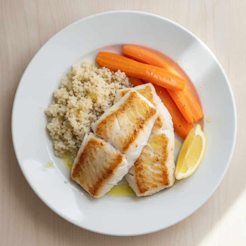 Baked White Fish with Soft Quinoa and Steamed Carrots