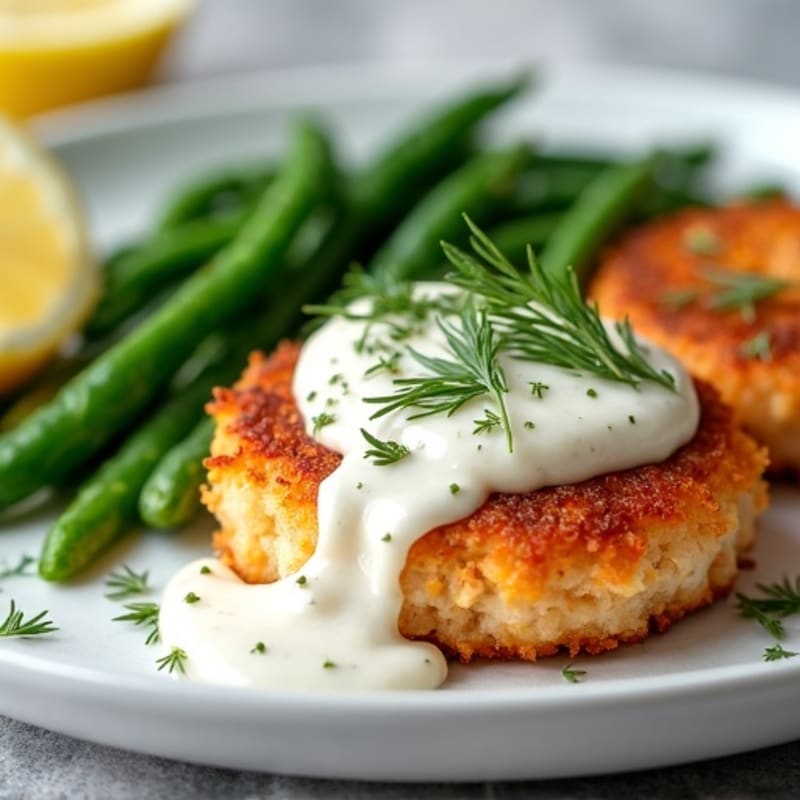 Pan-Seared Crispy Salmon Cakes with Fresh Lemon-Dill Sauce and Roasted Green Beans