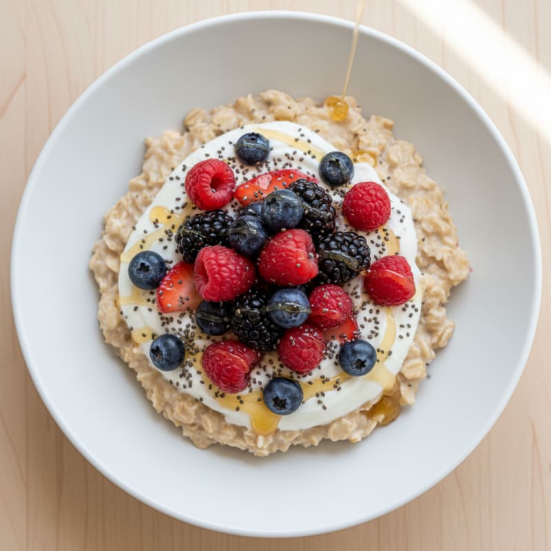 Fluffy Greek Yogurt Protein Oats with Mixed Berries