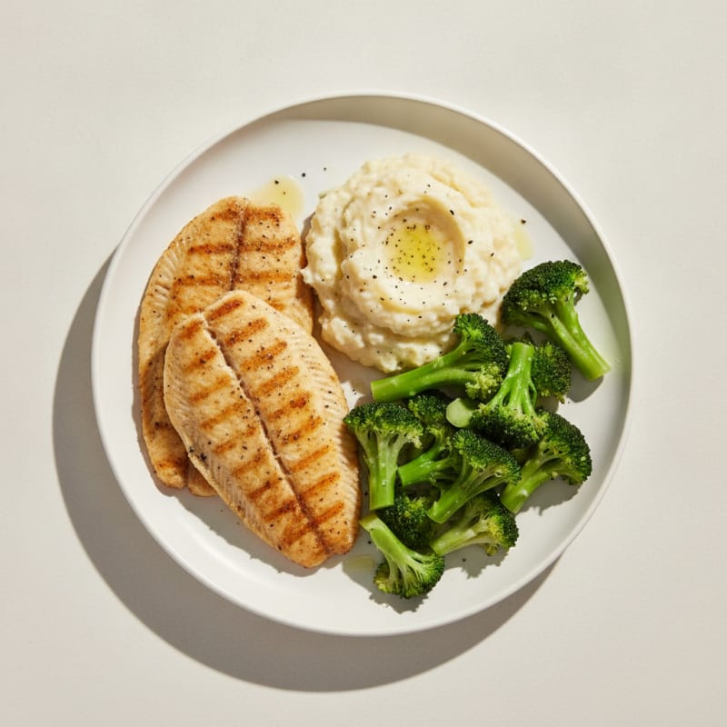 Seared Tilapia with Steamed Broccoli and Garlic Cauliflower Mash