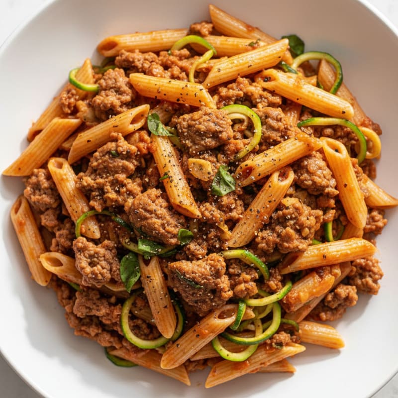 Lean Beef and Zucchini Pasta with Tomato Basil Sauce