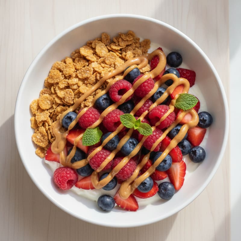High-Protein Skyr Parfait with Rice Flakes and Mixed Fruit