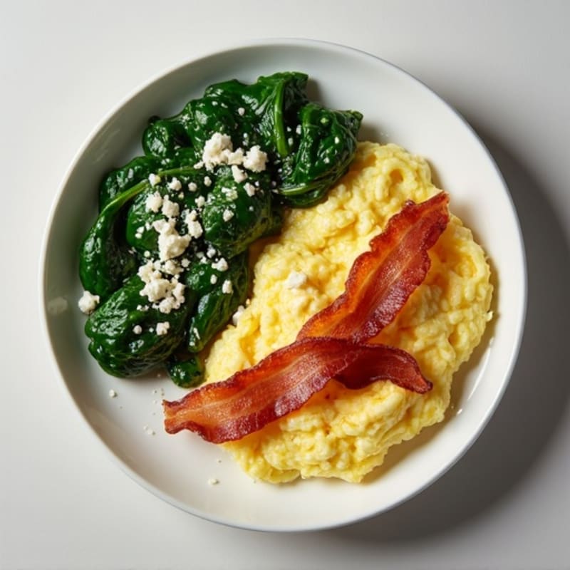 Crispy Egg White and Turkey Bacon Scramble with Sautéed Spinach