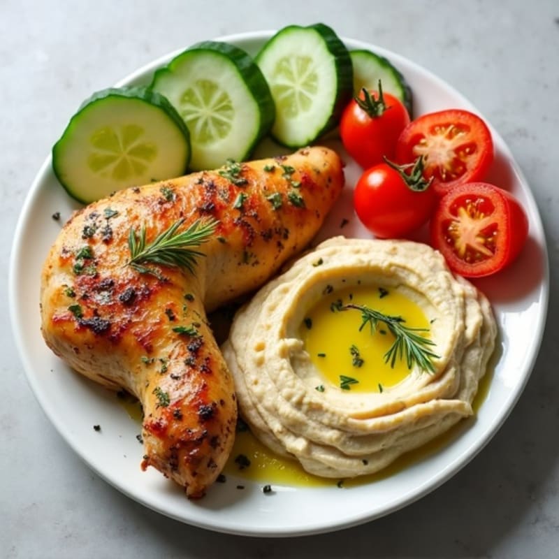Herb-Roasted Chicken with Fresh Cucumber Tomato Salad and Creamy Hummus