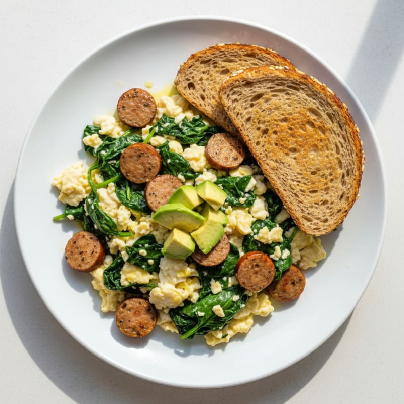 Egg White Spinach Scramble with Turkey Sausage