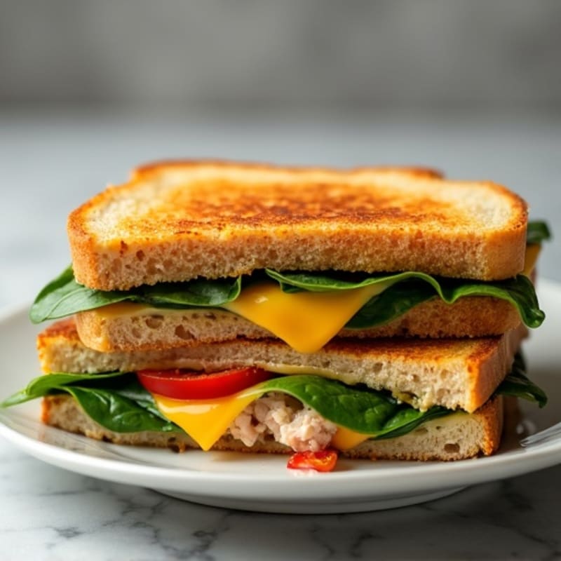Hearty Whole Grain Crispy Grilled Cheese with Fresh Spinach and Roasted Red Pepper