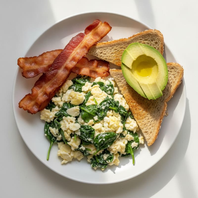 Crispy Turkey Bacon Egg White Scramble with Sautéed Spinach