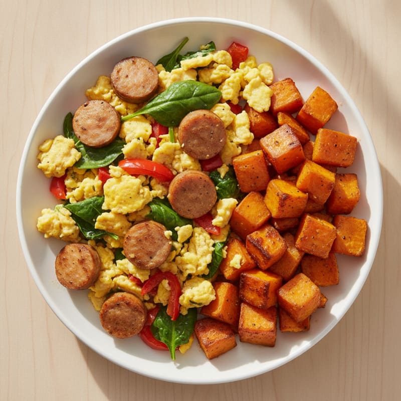 Scrambled Eggs with Chicken Sausage and Roasted Sweet Potatoes