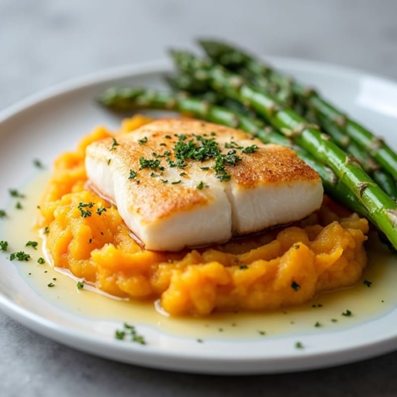 Seared White Fish with Steamed Asparagus and Sweet Potato Mash