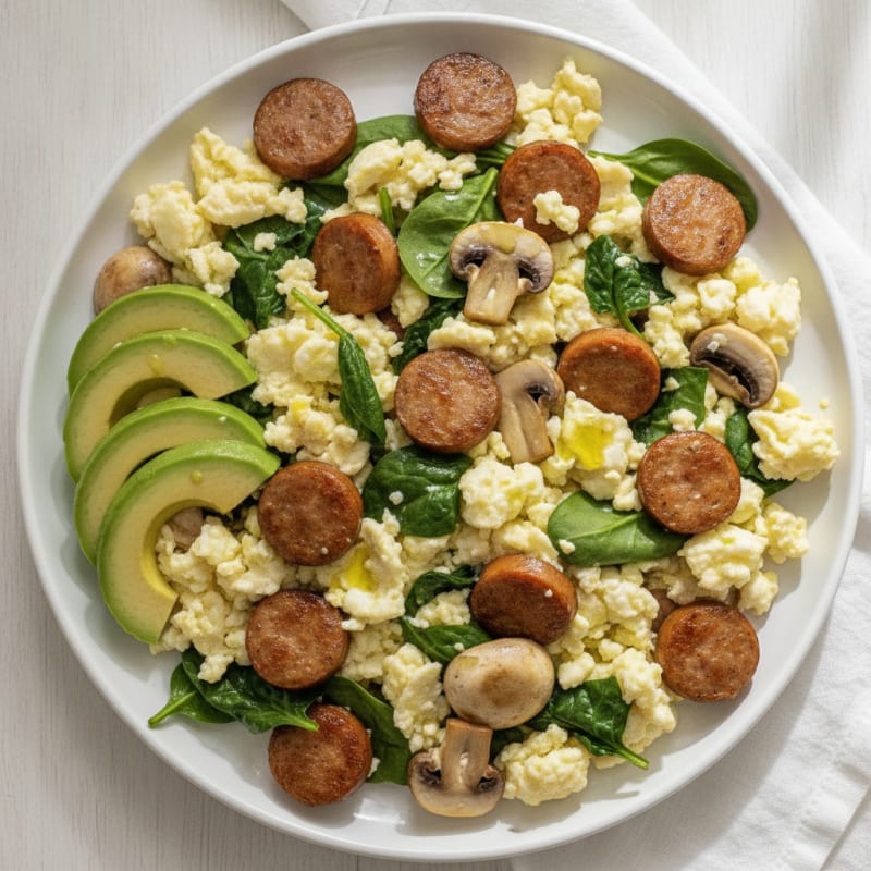 Egg White Spinach Scramble with Turkey Sausage and Sautéed Mushrooms