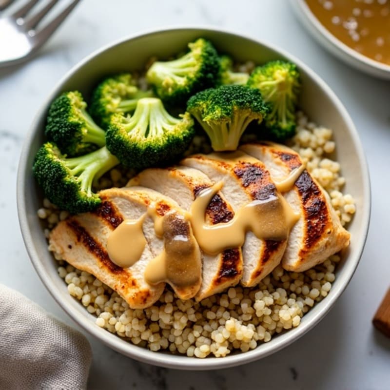 Grilled Chicken and Quinoa Bowl with Roasted Broccoli and Lemon Tahini Drizzle