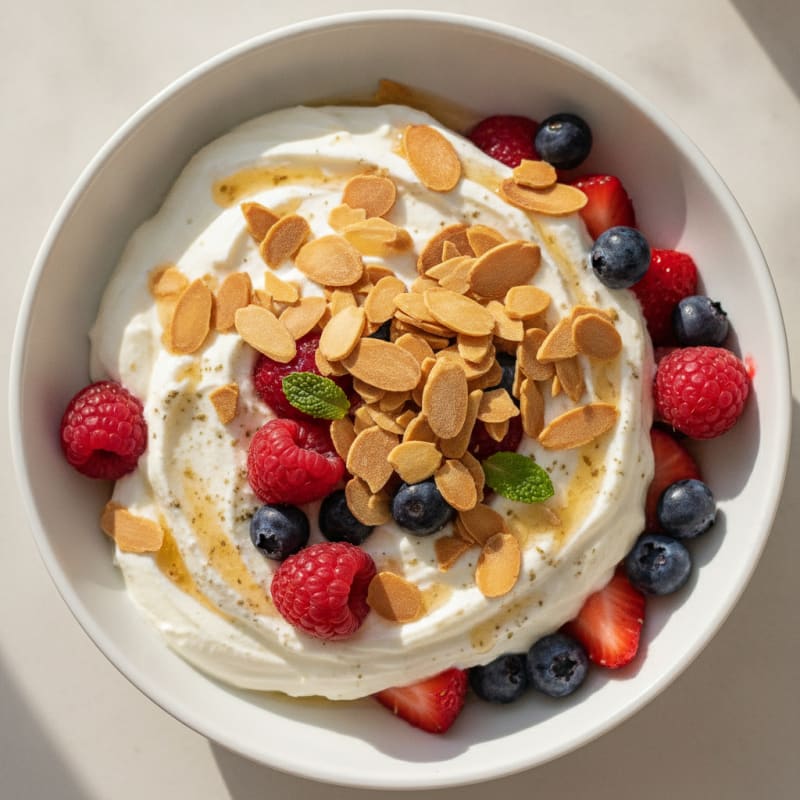 Greek Yogurt Protein Parfait with Mixed Berries and Almonds