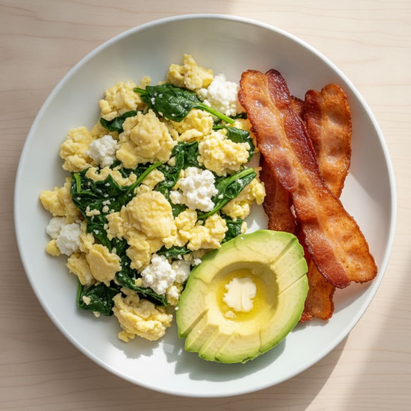 Cottage Cheese Scramble with Spinach and Turkey Bacon