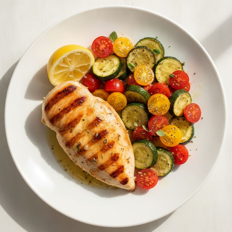 Grilled Chicken Breast with Roasted Zucchini and Tomato Salad