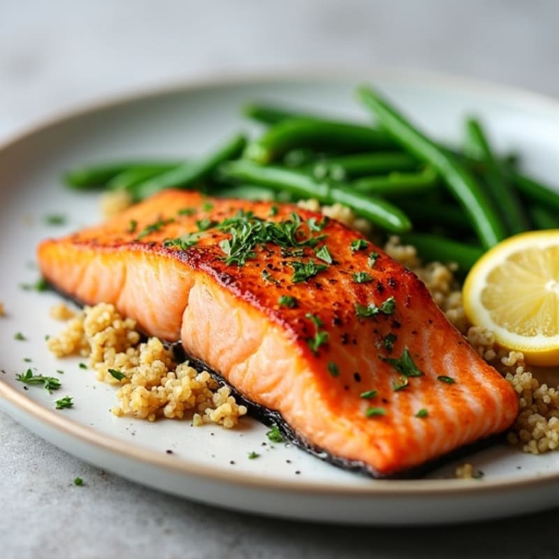 Seared Salmon with Quinoa and Lemon-Garlic Green Beans