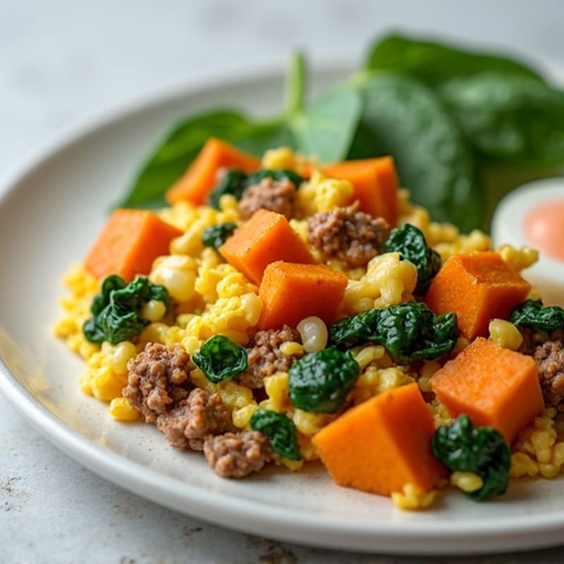Sweet Potato and Ground Beef Scramble with Spinach