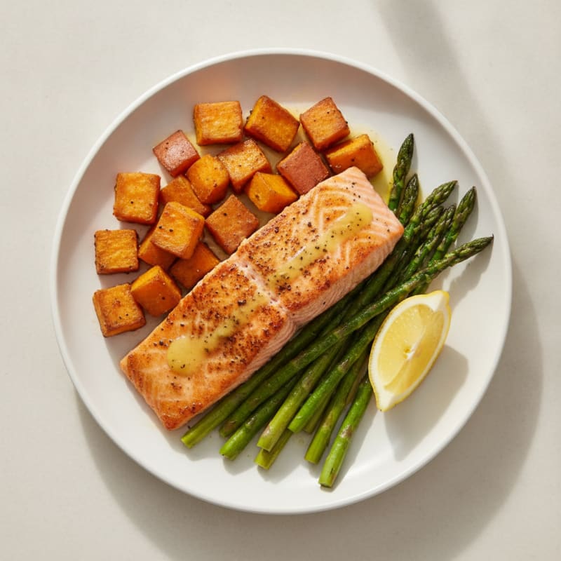 Seared Salmon with Roasted Sweet Potato and Asparagus