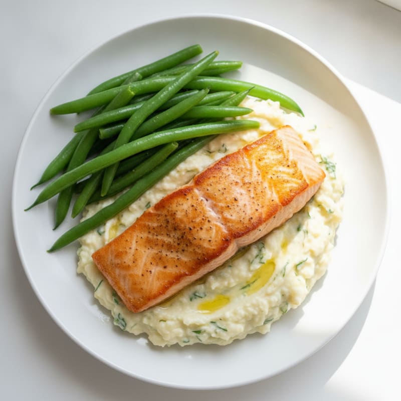 Seared Salmon with Herb-Cauliflower Mash and Steamed Green Beans