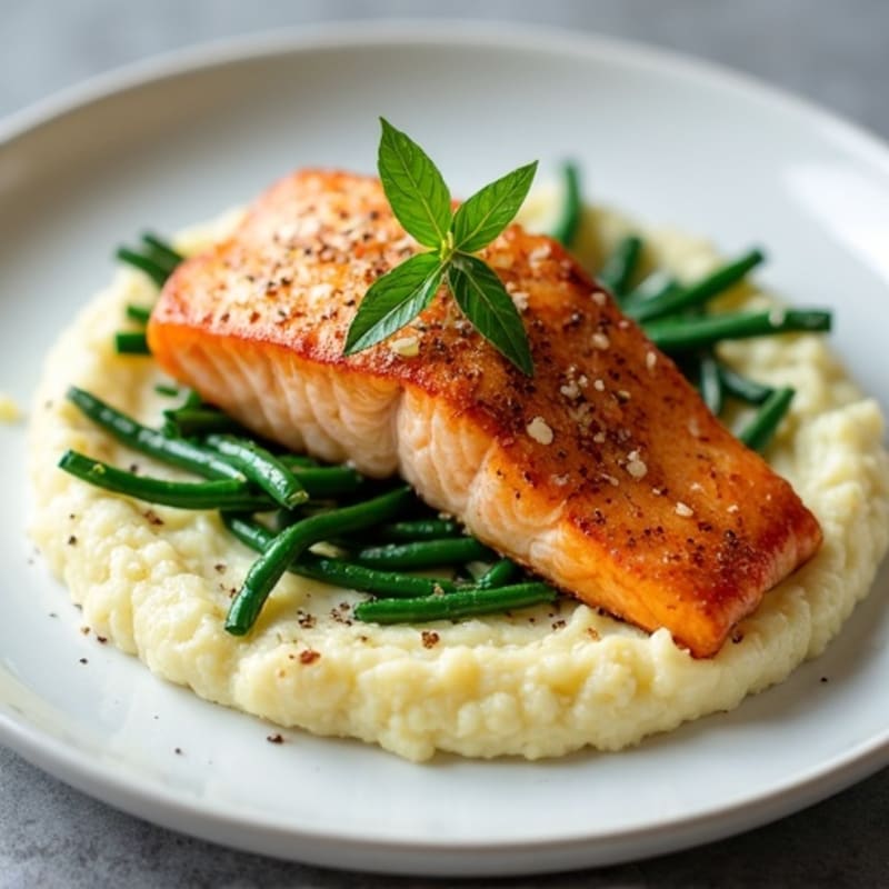 Seared Salmon with Garlic Green Beans and Cauliflower Mash