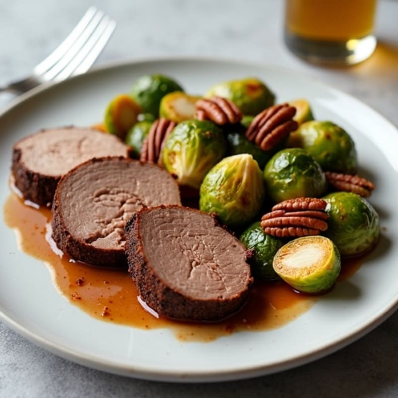 Cocoa-Rubbed Pork Tenderloin with Crispy Brussels Sprouts and Toasted Pecans