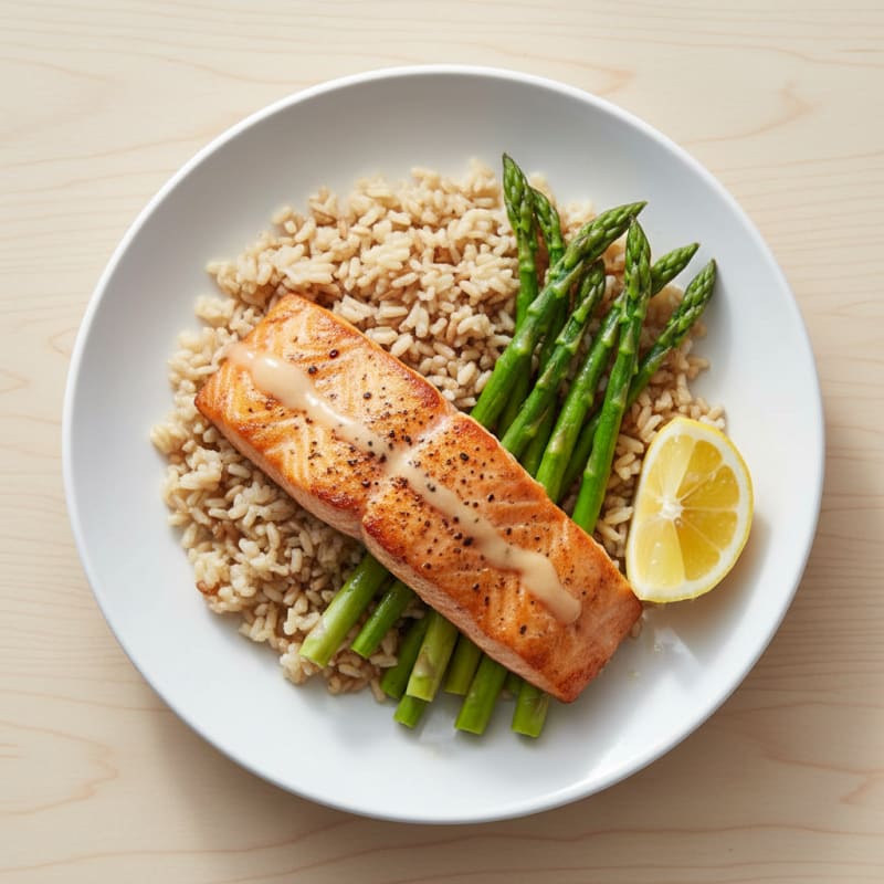 Seared Salmon Fillet with Steamed Asparagus and Brown Rice