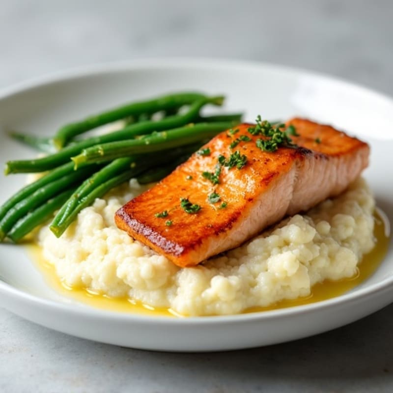 Seared Salmon with Garlic Green Beans and Cauliflower Mash
