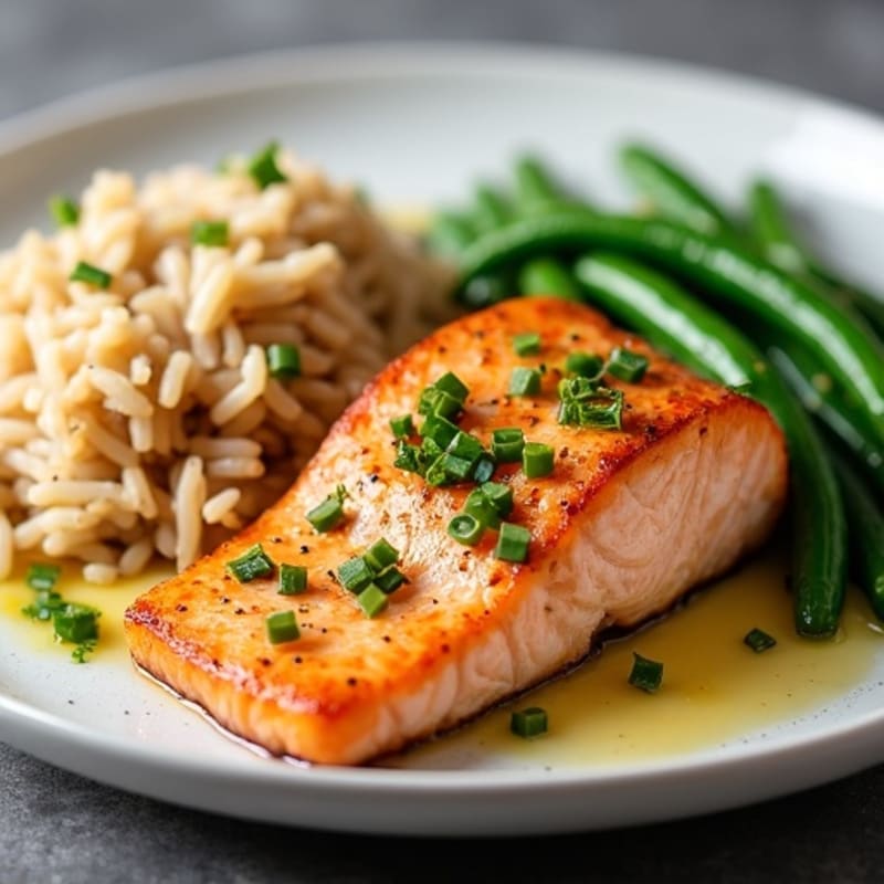 Seared Salmon with Garlic Green Beans and Brown Rice