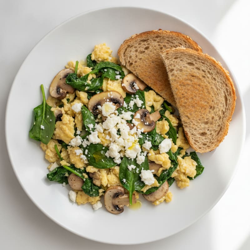 Egg White Spinach Scramble with Feta and Sautéed Mushrooms