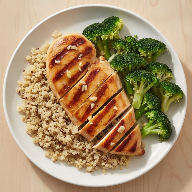 Grilled Lemon-Garlic Chicken Breast with Quinoa and Steamed Broccoli