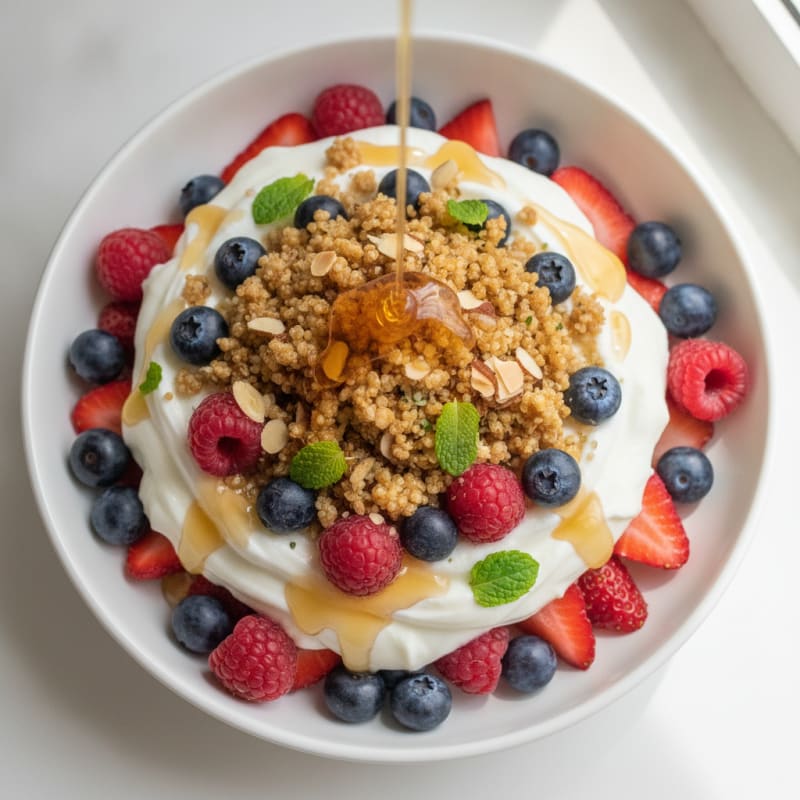 Creamy Greek Yogurt Parfait with Quinoa Crunch and Mixed Berries