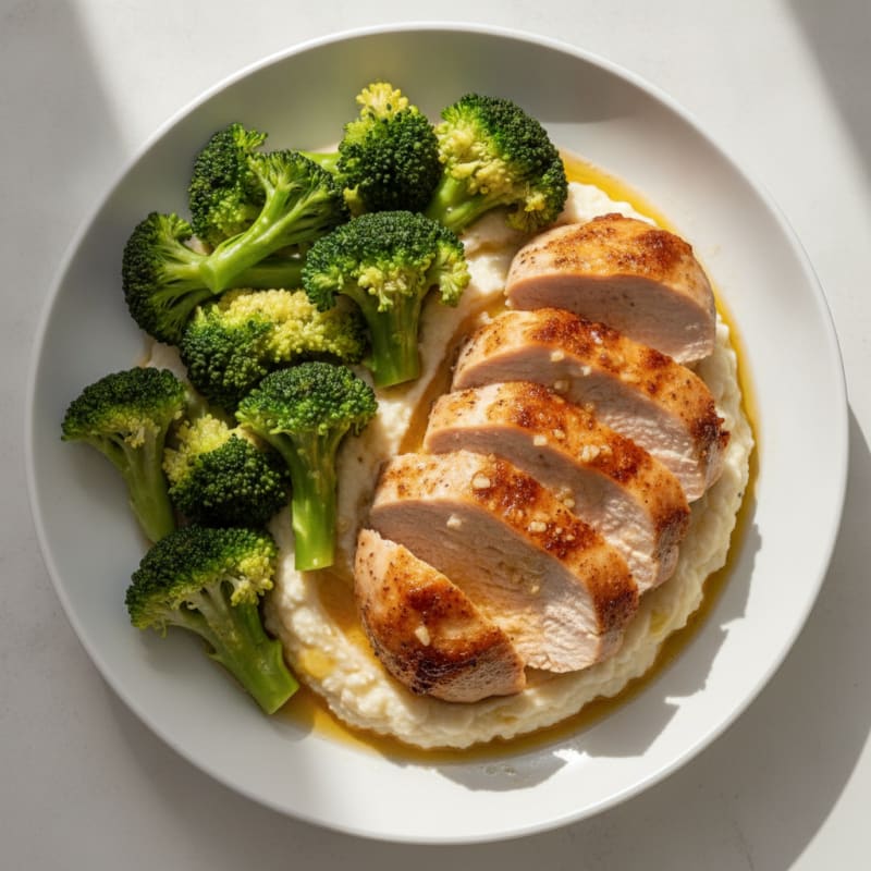 Seared Turkey Breast with Steamed Broccoli and Cauliflower Mash