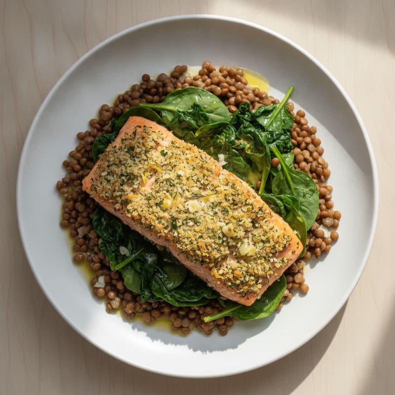 Herb-Crusted Baked Salmon with Warm Lentil and Spinach Salad