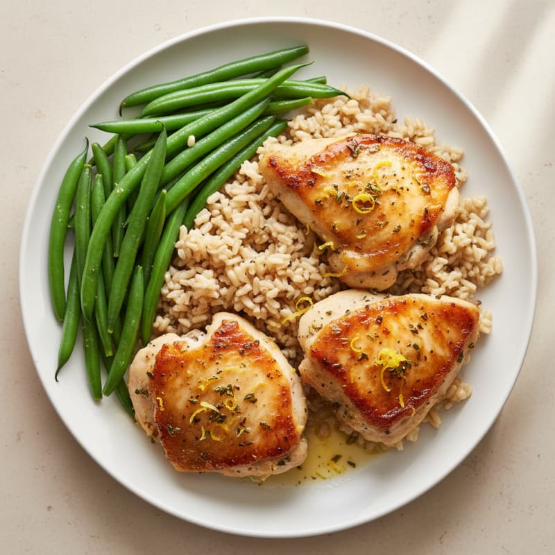 Oven-Baked Lemon Herb Chicken Thighs with Steamed Green Beans and Brown Rice