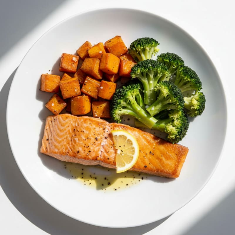 Seared Salmon Fillet with Roasted Sweet Potatoes and Steamed Broccoli