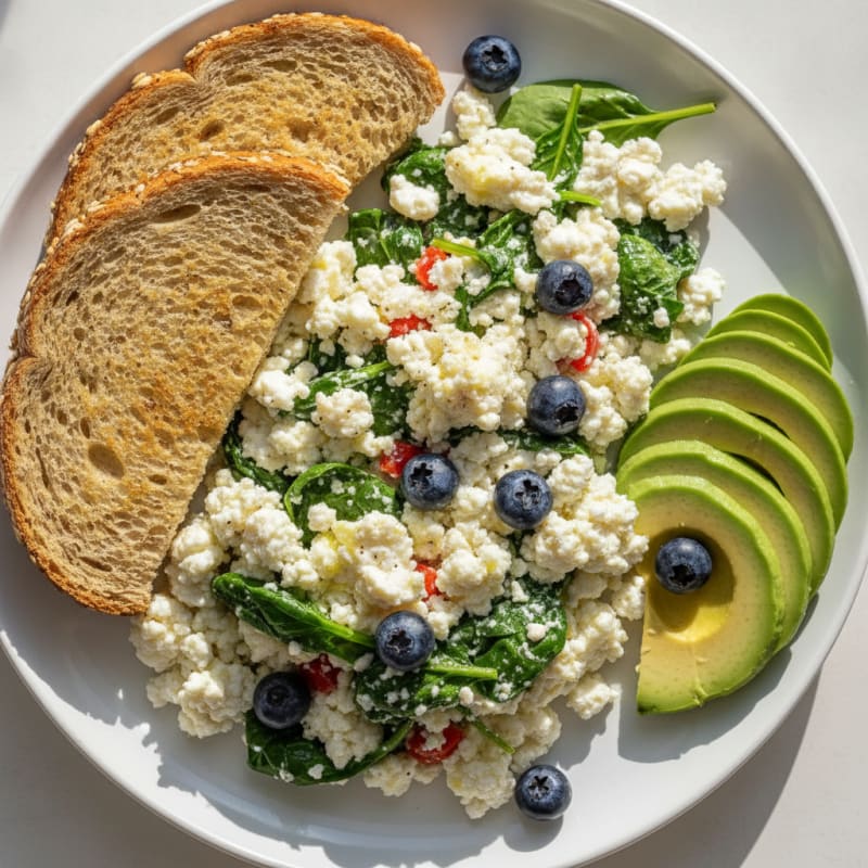 Egg White Veggie Scramble with Cottage Cheese and Berries