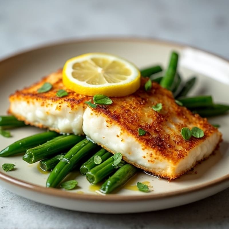 Crispy Pan-Seared Cod with Garlic Green Beans