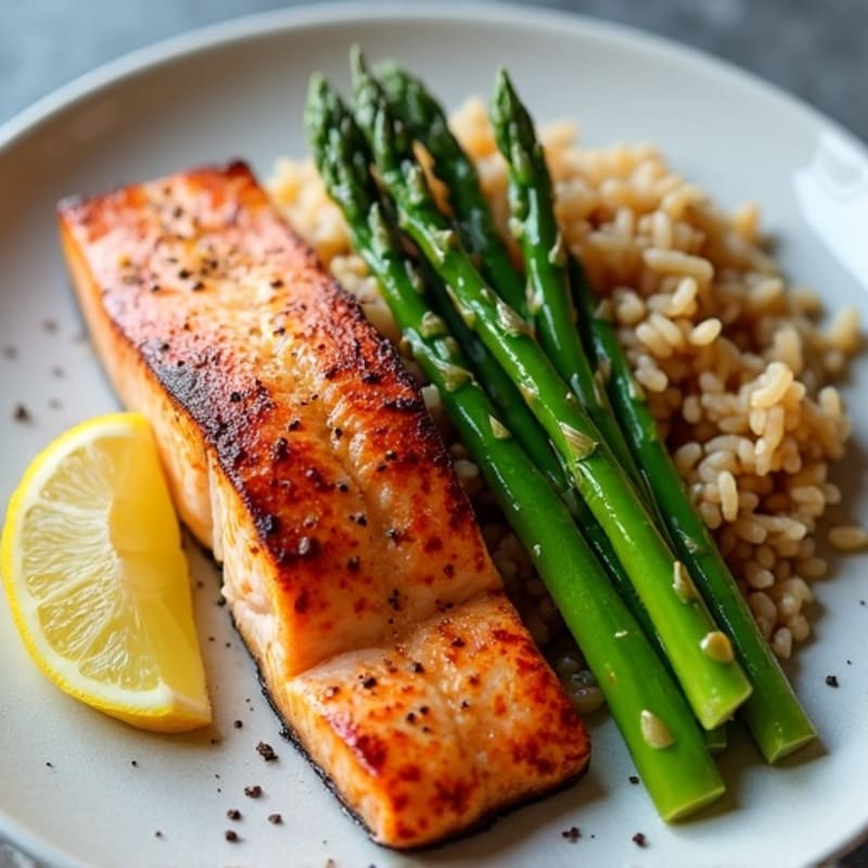 Seared Salmon Fillet with Steamed Asparagus and Brown Rice