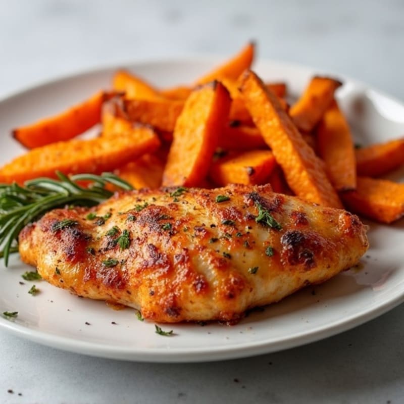 Crispy Herb-Roasted Chicken with Spiced Sweet Potato Fries