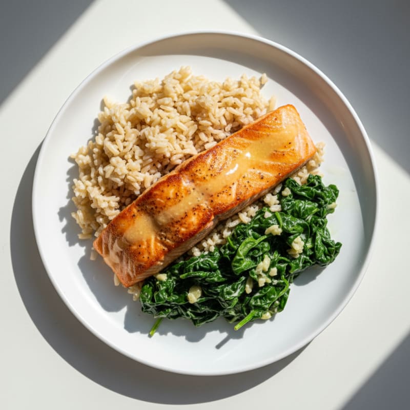 Seared Salmon Fillet with Creamy Spinach and Brown Rice