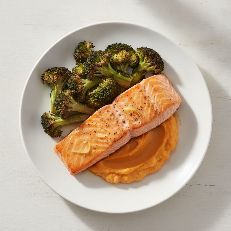 Seared Salmon Fillet with Roasted Broccoli and Sweet Potato Mash
