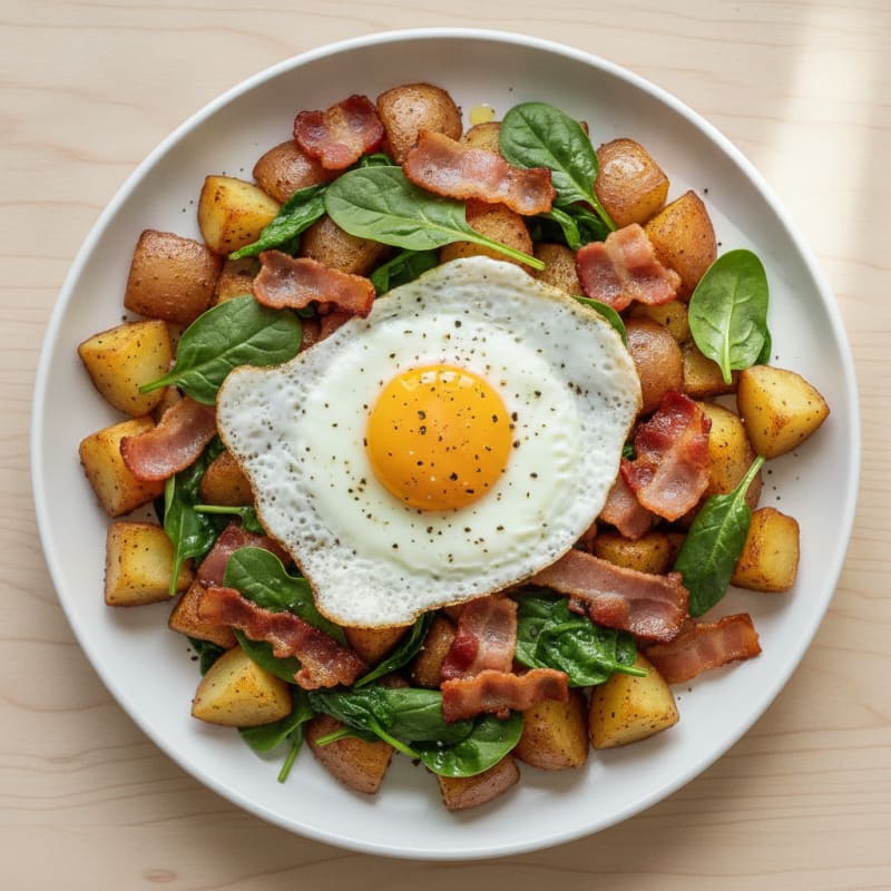 Crispy Bacon and Egg Potato Hash with Spinach