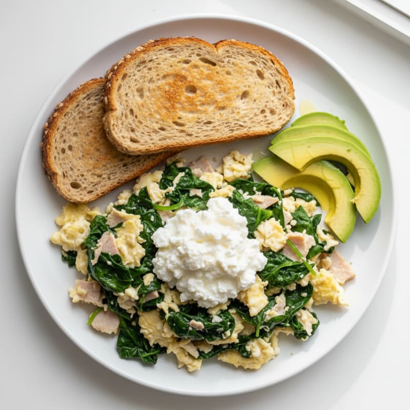 Egg White and Spinach Scramble with Cottage Cheese and Sliced Turkey