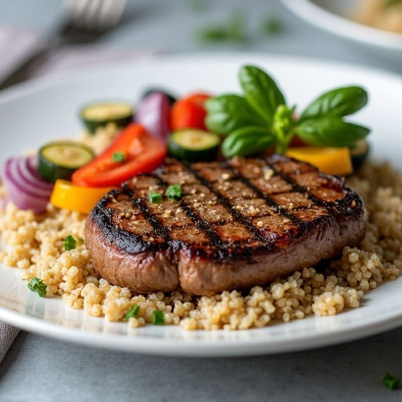Grilled Beef Steak with Roasted Vegetables and Quinoa