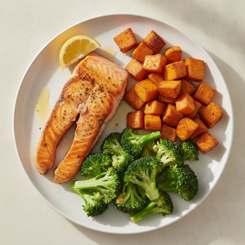 Seared Salmon with Roasted Sweet Potato and Steamed Broccoli