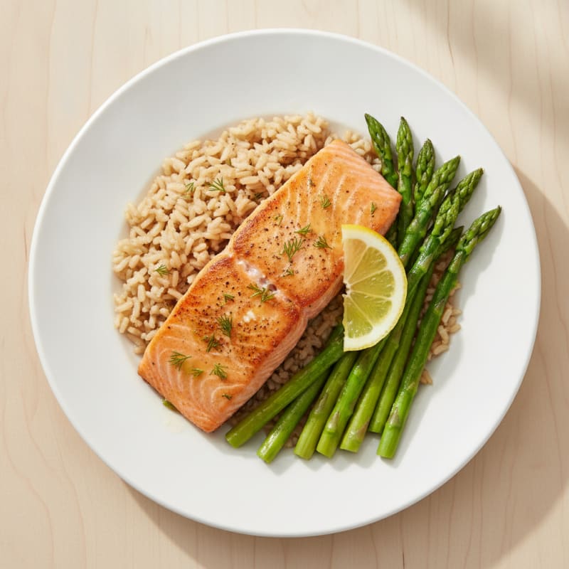Seared Salmon Fillet with Steamed Asparagus and Brown Rice