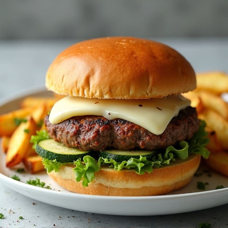 Juicy Lean Beef Burger with Melted Mozzarella and Crispy Baked Zucchini Fries